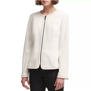 DKNY Women's Ivory Contrast-stitch Full Zip Basic Jacket Top Size Small